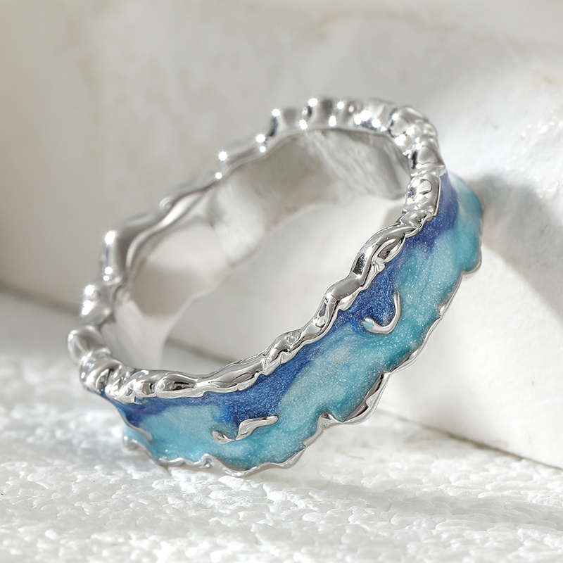 Women's Ocean Wave Blue Enamel Ring, Statement Jewelry